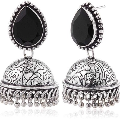 Shef german silver black stone studded jhumka German Silver Jhumki Earring