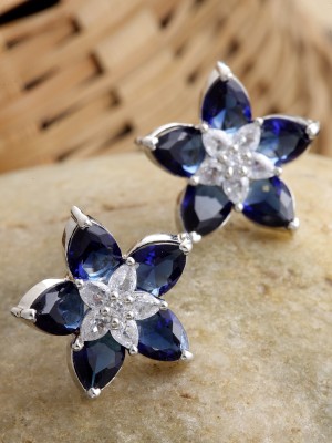 ZENEME Rhodium-Plated American Diamond Studded Floral Studs Earrings Cubic Zirconia Brass Earring Set