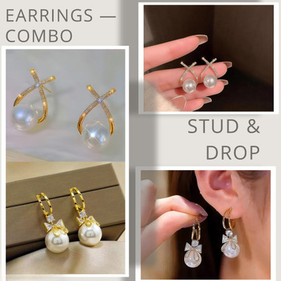 RAPPERSSHOP Cross Shape Korean Stud and bow shape drop Earrings Zircon Alloy Stud Earring, Drops & Danglers, Earring Set