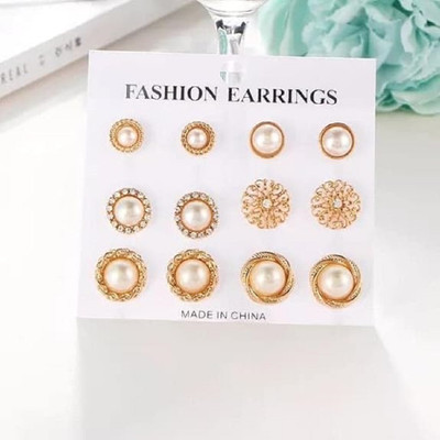 JDENTERPRISES Golden Pearl Stud Earrings 6 Pair Combo Pearl Alloy Stud Earring