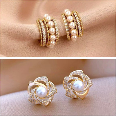 Tiso Pack of 2 Statement Studs and Half Hoop Pearl Stone Earrings for Girls and Women Crystal, Cubic Zirconia, Pearl Alloy, Brass, Stone Drops & Danglers, Earring Set, Hoop Earring, Rhinestone Studs, Stud Earring Tiso Pack of 2 Statement Studs and Half Hoop Pearl Stone Earrings for Girls and Women Crystal, Cubic Zirconia, Pearl Alloy, Brass, Stone Drops & Danglers, Earring Set, Hoop Earring, Rhinestone Studs, Stud Earring