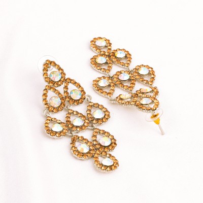 Fashion Frill Women Artificial Golden Stone Studded Long Party Wear Earring for Girls Cubic Zirconia Alloy Drops & Danglers