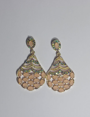 AZTAZ Handcrafted Gold Drop Earrings with Gemstones and Pink Accents Alloy Chandbali Earring