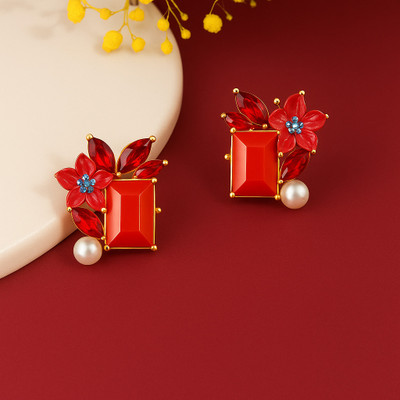 Lexzy Blue Rectangular Brooch with Floral & Pearl Accent Metal Earring Set