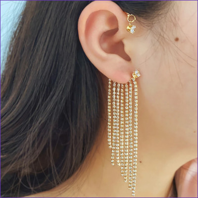 TVI Korean Golden Studded Chain Tassels Ear Cuff Earrings For Women/Girls Cubic Zirconia Alloy Cuff Earring