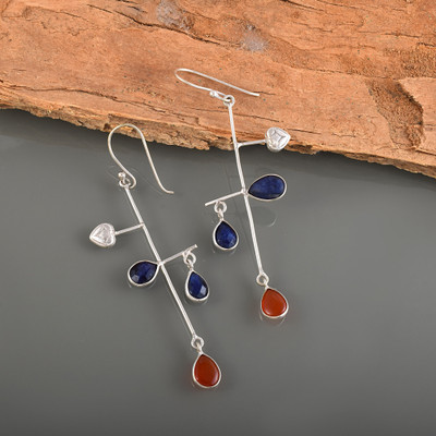 Silver Aura Creations Exquisite Lapis Lazuli And Red Onyx Designer Dangle Earring With Silver Plating Lapis Lazuli, Onyx Silver Clip-on Earring