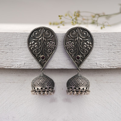 Sanseeta Lahar- Silver Brass oxidised dangler earrings Zircon Brass Jhumki Earring
