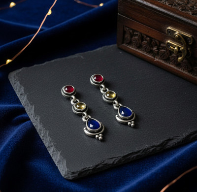S D Creations Oxidised Silver With Maroon, Yellow and Turquoise Stones Brass Drops & Danglers