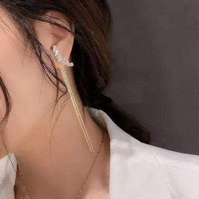 JDENTERPRISES Korean Long Tassel Crystal Studded Drop Earrings For Women/Girls Cubic Zirconia Alloy Drops & Danglers