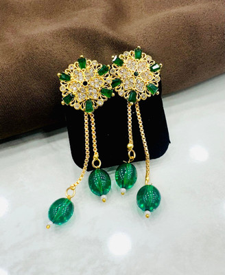 MK Gallery Green White Floral Stone Double Beaded Sui Dhaga Earrings Brass Drops & Danglers