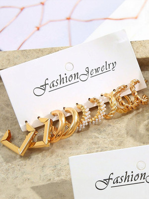 Dressberry Combo Of 5 Pair Geometric Twisted Chain Pearl Hoop Earrings For Women And Girls Pearl Alloy Hoop Earring