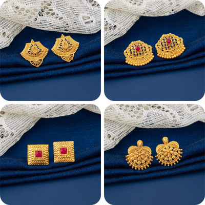 LaChoiceIt Pack of 4 Pair Traditional Gold Pleted Earring Collection Brass Earring Set