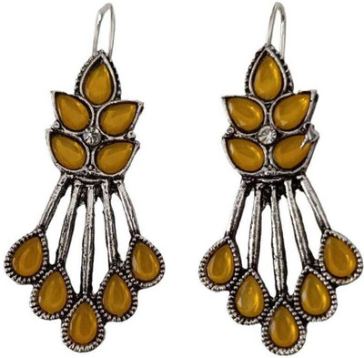 Relishine Women's Antique Silver Yellow Stone Dangler Earrings | Ethnic Festive Beads Metal Stud Earring