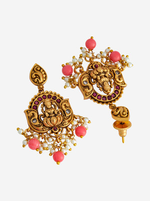 Kushal's Fashion Jewellery Ruby Gold-Plated Ethnic Antique Drop Earrings Zircon Copper Drops & Danglers