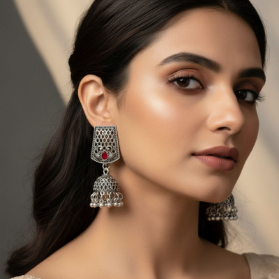 PihuPearls Royal Antique Oxidised Silver Necklace & Jhumka Earrings Set for Women Alloy Earring Set