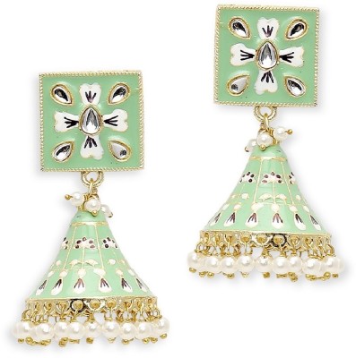 fabula Mint Green Meenakari Jhumka Earrings - Geometric Floral Design Beads, Crystal Alloy Jhumki Earring