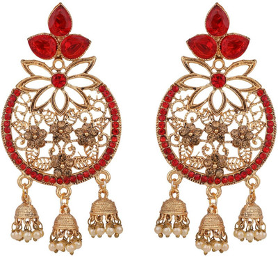 Styylo Jewels Gold Plated RED Cubic Zirconia 3 Jhumki Chandbali Earring_SJ Cubic Zirconia Brass Chandbali Earring