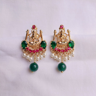 kurdekars divuu Laxmi earring green red stones and pearls fitted NL-1 Copper Stud Earring