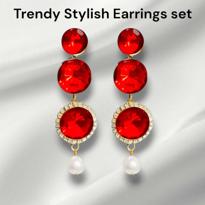Mahi Fashion Ruby Red Crystal & Pearl Dangle Earrings Alloy Jhumki Earring