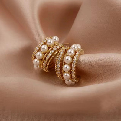 Saugaat Craft Korean Pearl Hoop Earrings For Woman Fashion Jewelry Cubic Zirconia Alloy Earring Set, Drops & Danglers