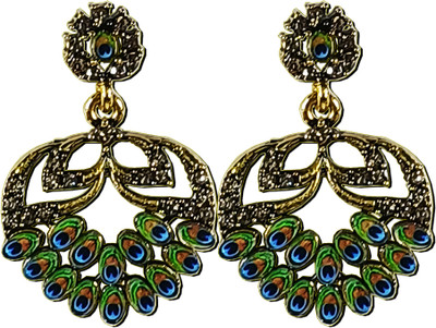 AZTAZ Elegant Peacock Feather Design Antique Gold Dangle Alloy Chandbali Earring