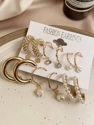 Karishma Kreations Combo 9 Pair Stylish Gold Plated Pearl Hoop Studs Earrings Alloy women girls Cubic Zirconia, Crystal, Pearl, Beads Brass, Crystal, Copper, Stainless Steel Earring Set, Drops & Danglers, Stud Earring, Clip-on Earring, Cuff Earring, Hoop Earring