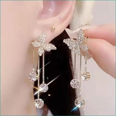 JDENTERPRISES Korean Studded Butterfly Tassels Drop Earrings For Women/Girls Cubic Zirconia Alloy Drops & Danglers