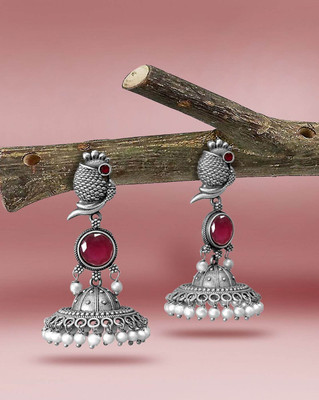 Zoey Red Silver Plated Oxidised Parrot Jhumka Earings Beads Alloy Jhumki Earring