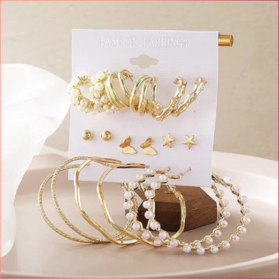 JDENTERPRISES Combo Of 9 Pair Butterfly Star Studs / Plain Pearl Hoop Earrings For Women/Girls Pearl Alloy Hoop Earring