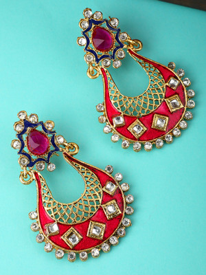 Anika's Creation Magenta & White Gold Plated Brass Meenakari Chandbali Earring Cubic Zirconia Brass Chandbali Earring