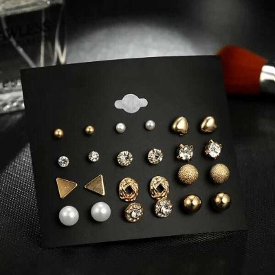 Miraclewood Trendy New Korean Diamond Studded 12 Pair Comob Pearl Stud Earring For Women Alloy Stud Earring, Plug Earring, Cuff Earring, Rhinestone Studs, Earring Set