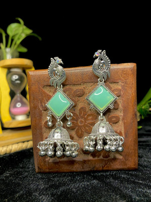 EarBliss Green Stone Peacock Design Oxidised Silver Jhumka Earrings for Women & Girls Alloy Earring Set