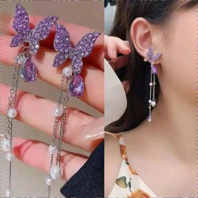 VIDALI New Charming Purple Colour Butter fly Design Korean Earring For Women And Girls Cubic Zirconia Alloy Drops & Danglers