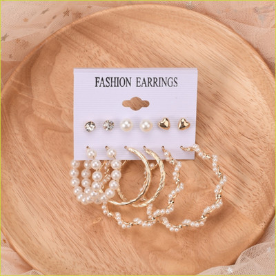 JDENTERPRISES Combo of 6 Pair Golden Heart Stone Stud / Pearl Hoop Earrings For Women / Girls Pearl Alloy Hoop Earring