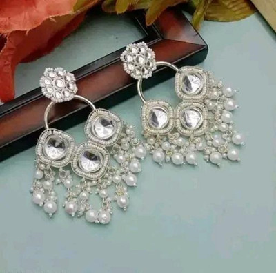 MM Immitation White Pearl Kundan Mirror Beads White Gold Plated Drop And Danglers Earrings Set Crystal Alloy Earring Set
