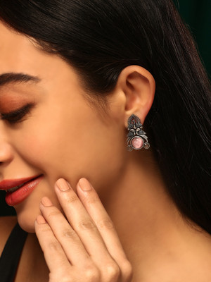 Priyaasi Pink Stoned Peacock Pattern Silver Plating Oxidized Drop earrings Brass Drops & Danglers