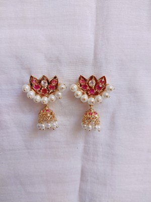 kurdekars divuu red white stones and pearls fitted earrings + small jumka Copper Jhumki Earring