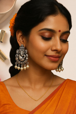 brassjewel Handcrafted Ganpati Oxidised Earrings | Traditional Temple Jewellery with Pearls Brass Jhumki Earring