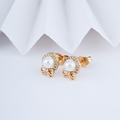 Shree Enterprise Bow Design with White Pearl American Daimond Plug Earring Pearl Alloy Plug Earring