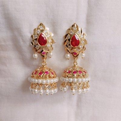 kurdekars divuu red white stones and pearls fitted earring jumka Copper Jhumki Earring