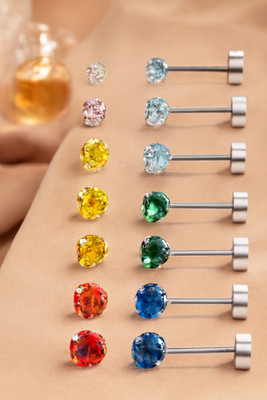 Bawree Charming Silver Plated Multi-Color Stone CZ Stud Earrings Set 12 Pairs Crystal Metal Stud Earring