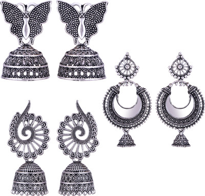 MEENAZ silver earrings jhumki combo oxidised earrings jhumka south indian temple party Beads, Pearl, Cubic Zirconia, Diamond Brass, Enamel, Copper, Zinc, Stone Drops & Danglers, Chandbali Earring, Earring Set, Jhumki Earring