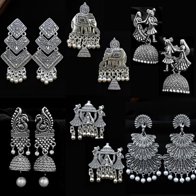 adhira creation Pack of 6 Traditional Oxidised Silver Earrings Combo for Women & Girls Alloy Earring Set, Jhumki Earring