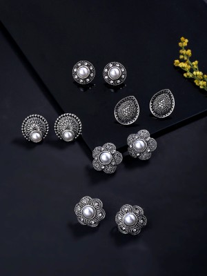 YELLOW CHIMES Traditional Silver Oxidised Studs|German Silver Combo of 5 Pairs Stud Earrings Pearl Metal Stud Earring