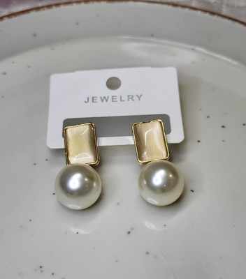 Aura Collection Golden Rectangle Artificial Stone with Pearl Drop Earrings Danburite,  Alloy Stud Earring