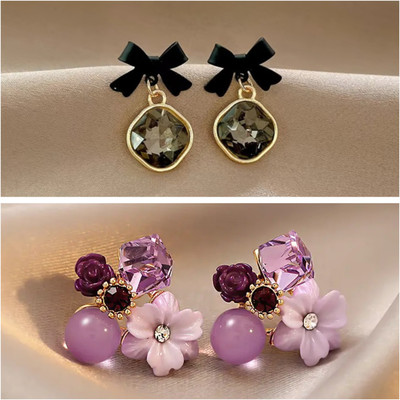 Tiso Combo of 2 Black Korean Earrings Purple Rhinestone Crystal Studs for Girls Women Crystal, Cubic Zirconia, Pearl Alloy, Brass, Stone Drops & Danglers, Earring Set, Hoop Earring, Rhinestone Studs, Stud Earring