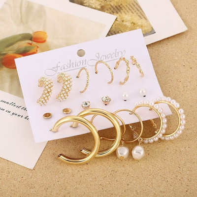 Dressberry Cute 9 Pair Pearl Drop Fashion Korean Earrings Alloy Stud Earring, Hoop Earring