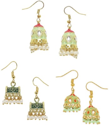 Oomph Combo of 3 Mint Green Meenakari Kundan & Pearls Jhumka Earrings Beads, Crystal Alloy Jhumki Earring