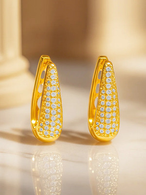 RUBANS 18K Gold-Plated Cubic Zirconia Encrusted Teardrop Huggie Hoop Earrings Brass Hoop Earring