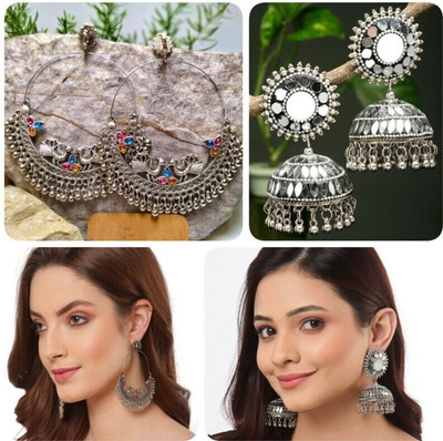 ISLANA Combo of 2 Oxidised Multi Chandbali and Laak Jhumki or Jhumka Earrings Alloy Jhumki Earring